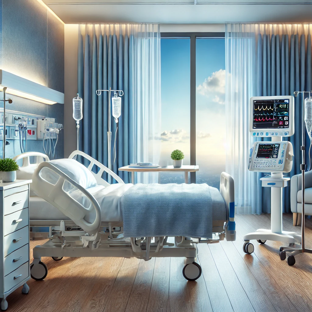 DALL·E 2024-11-08 14.51.05 – A comfortable and well-equipped patient room in a cardiology ward, featuring a hospital bed, monitoring equipment, soft lighting, calming blue and whi